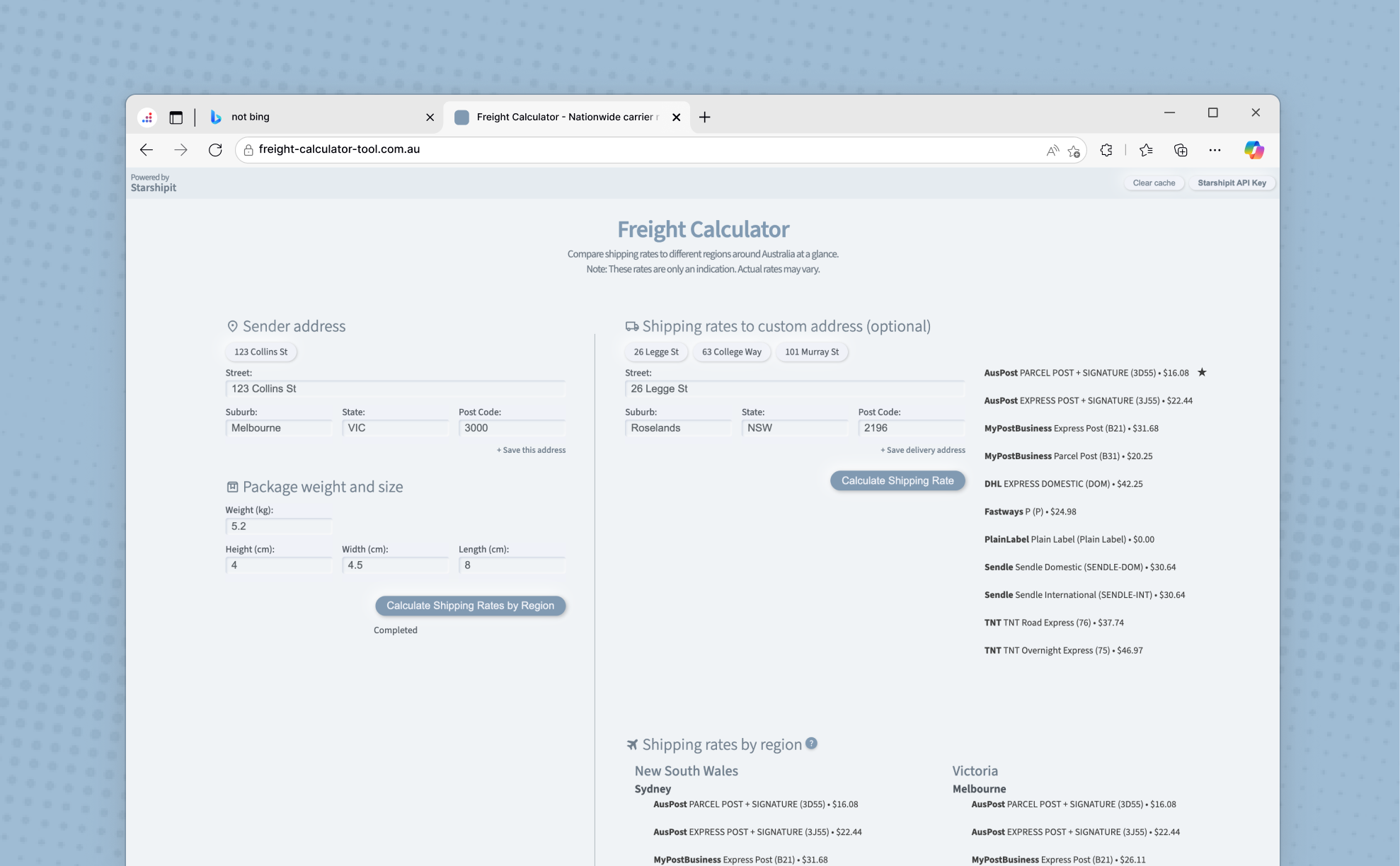 Freight Calculator tool main view